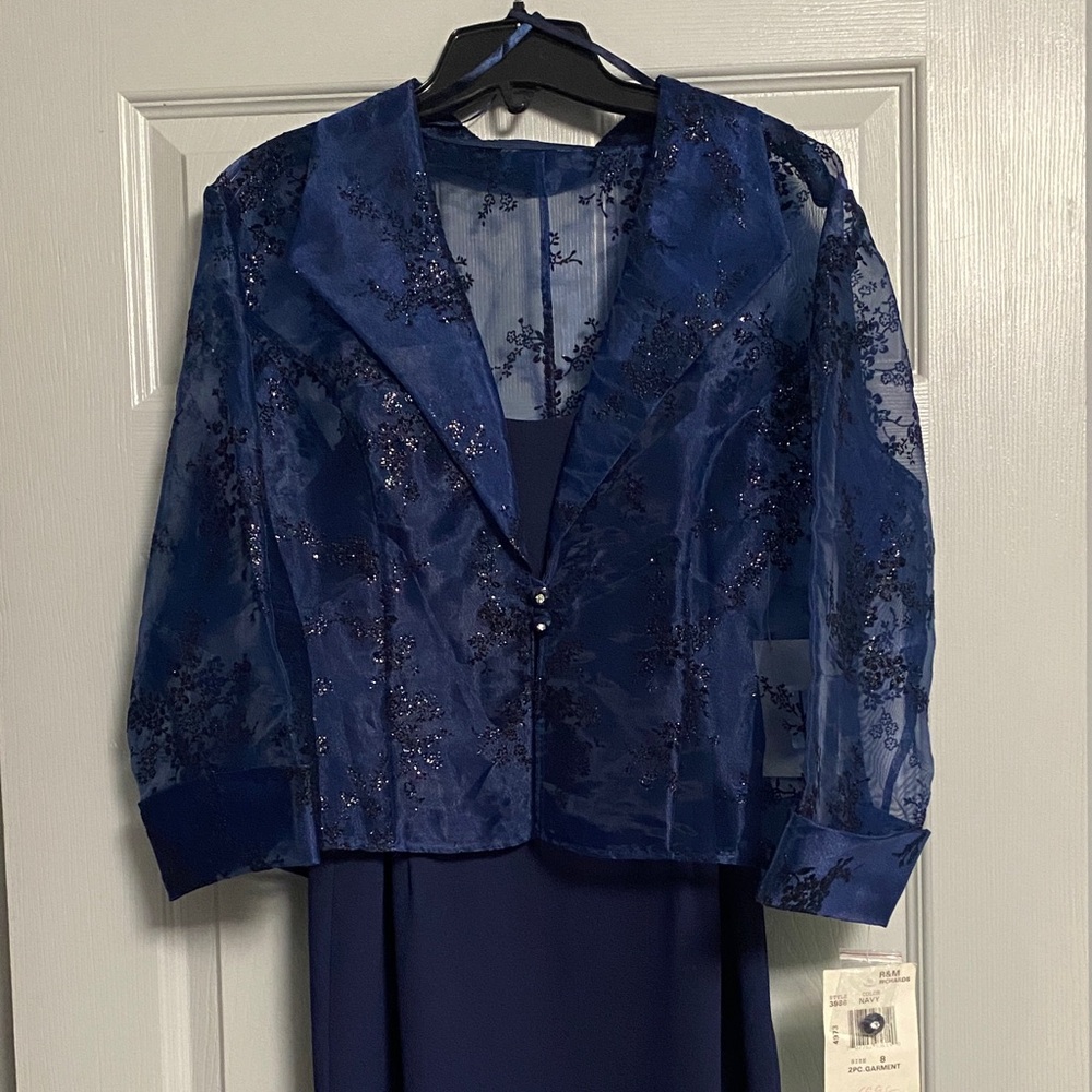 R&M Richards Navy Blue Spaghetti Strap Gown Elegant Sheer Sparkle Jacket NWT